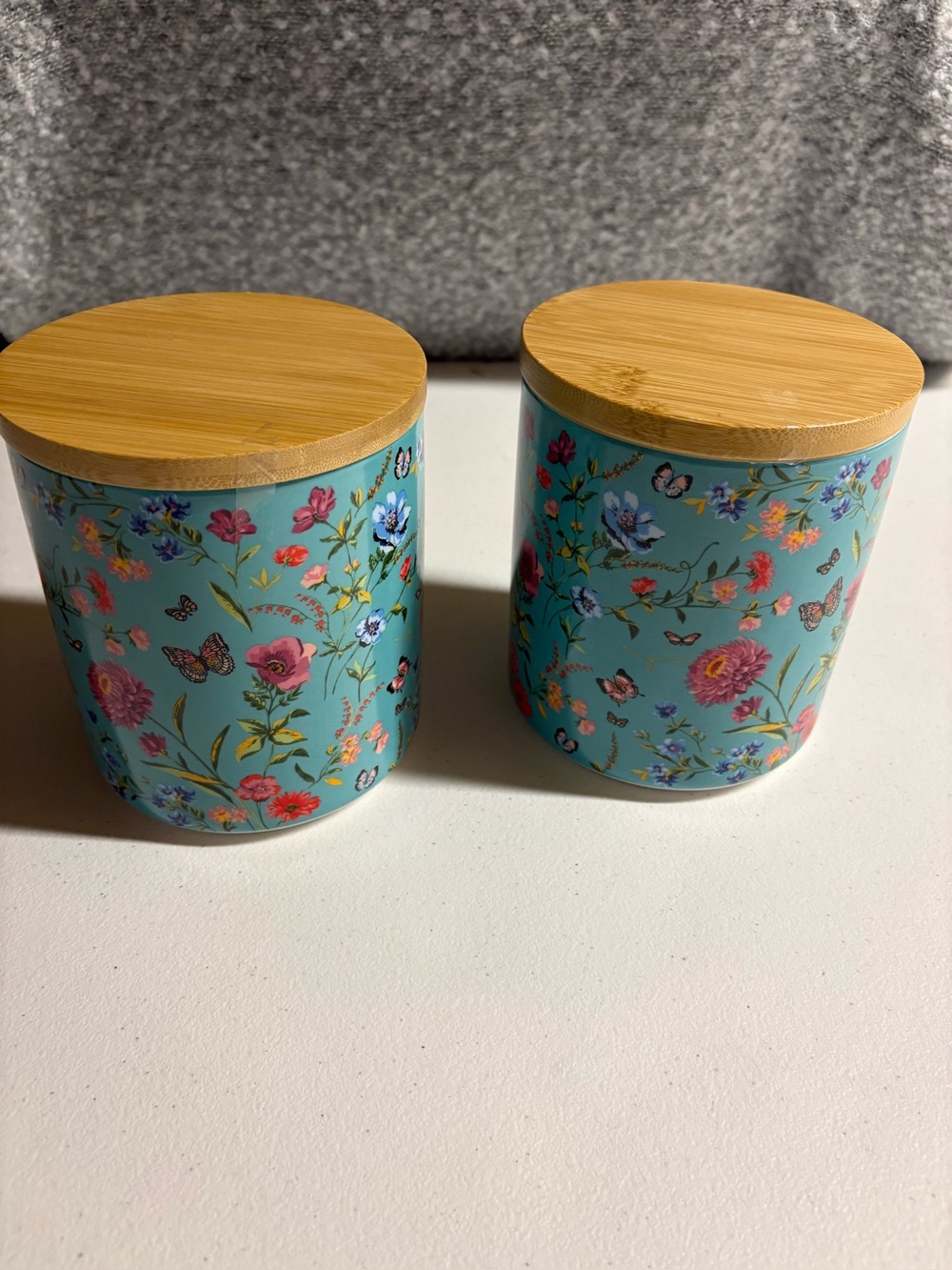 Grace Teaware Floral Butterfly Bamboo Lid Canisters – Aqua (Set of 2)